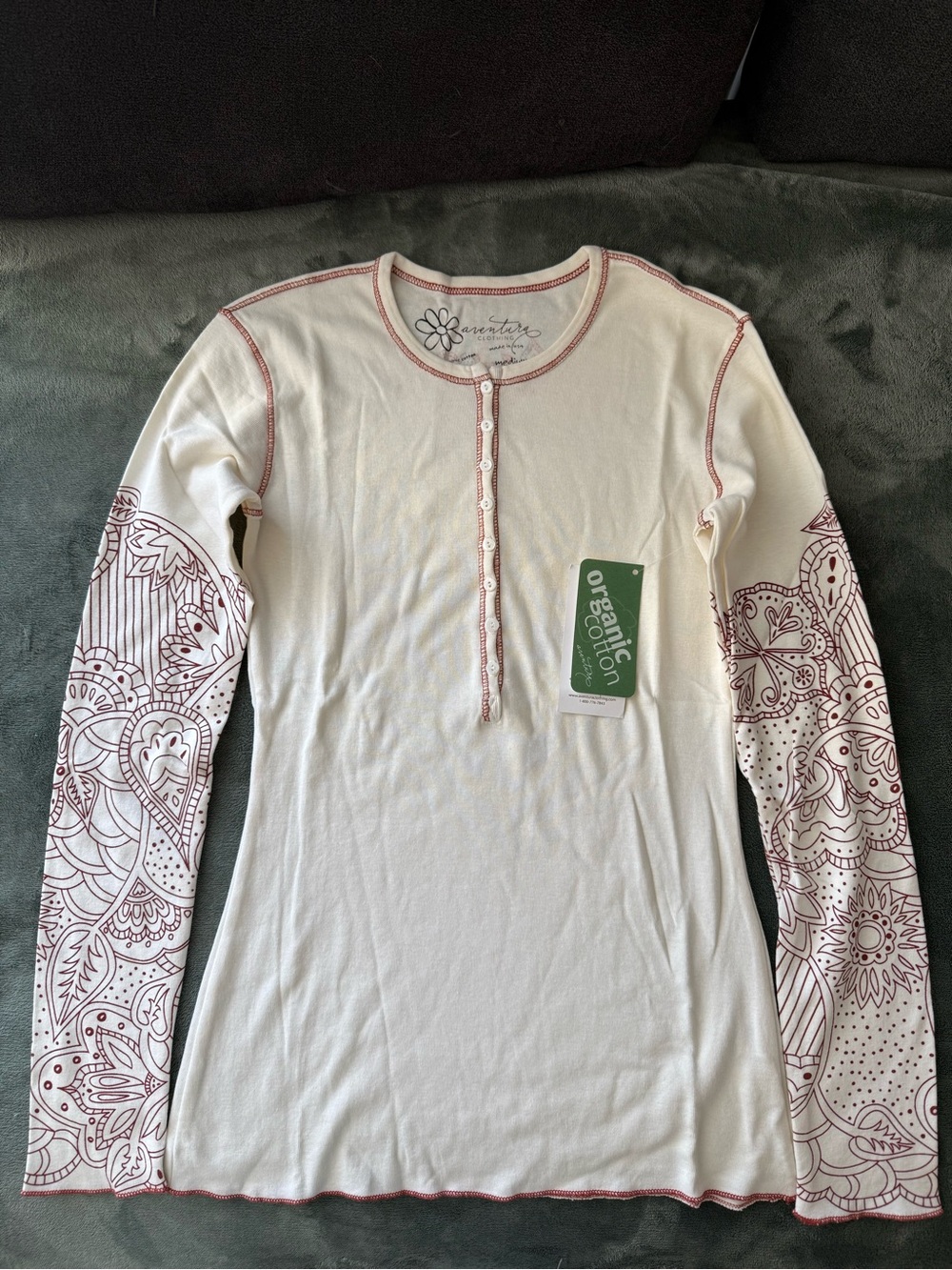Aventura Cream Henley Long Sleeve with Burgundy Floral Sleeve Print